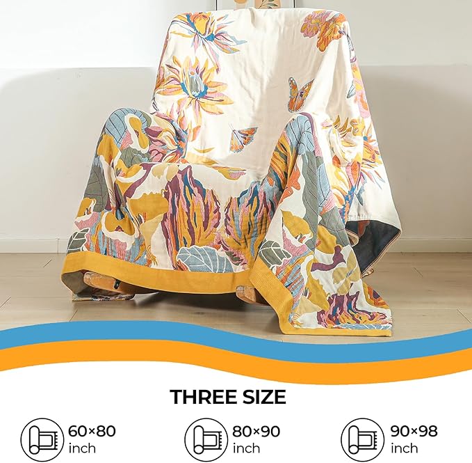 CozyNest Decor boho large floral butterfly cotton throw blanket, 90x98 inches, soft reversible sofa bed decor for couch or chair.