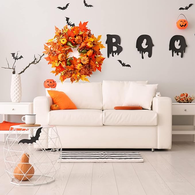 CozyNest Decor 24-inch fall wreath with pumpkins, berries, and maple leaves for front door or outdoor autumn decor