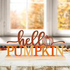 CozyNest Decor Hello Pumpkin metal sign in orange for fall home or office decor, featuring autumn pumpkin and "Hello Fall" message.
