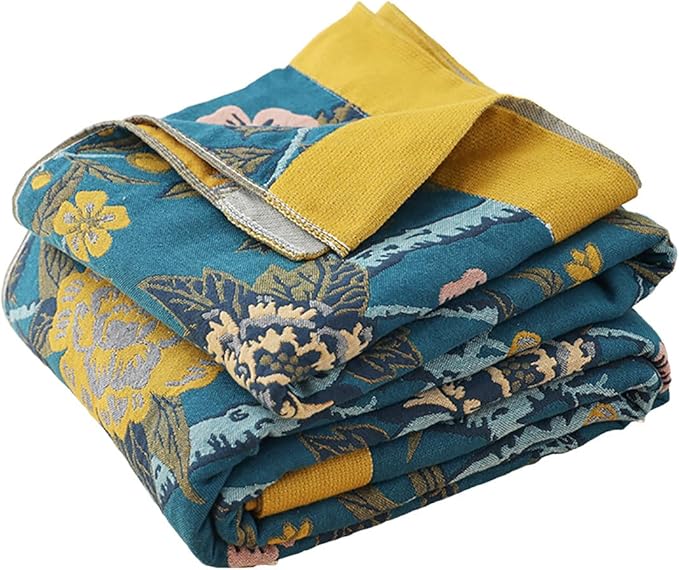 CozyNest Decor boho muslin blanket for adults, twin size 60x80 inches, floral teal cotton summer cooling bed blanket on sofa or bed.