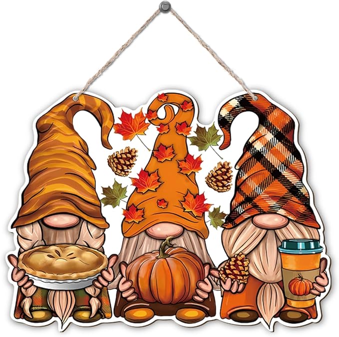 CozyNest Decor autumn dwarfs hanging wood sign with "Hello Fall" for porch or indoor outdoor fall decor and Thanksgiving decoration.