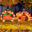 CozyNest Decor outdoor metal fall decorations with welcome pumpkin and turkey yard stakes featuring LED lights for garden and lawn display