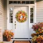 CozyNest Decor 24-inch fall wreath with pumpkins, peonies, sunflowers, and dahlias for front door indoor or outdoor autumn decor.