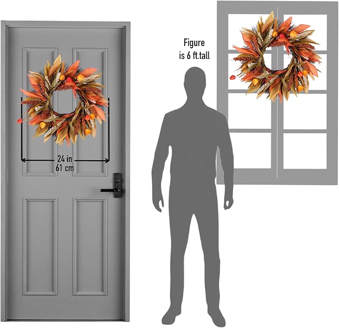 Rustic fall corn husk and berry door wreath by CozyNest Decor, 24-inch orange, yellow, and brown autumn harvest wreath for front door.