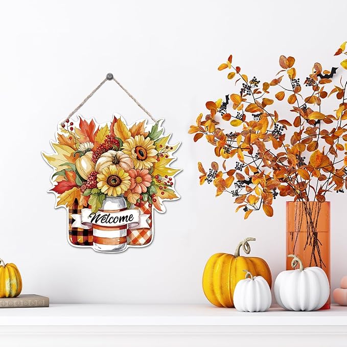 CozyNest Decor Thanksgiving welcome door sign with pumpkin and autumn-themed wooden plaque for farmhouse porch or outdoor fall decor