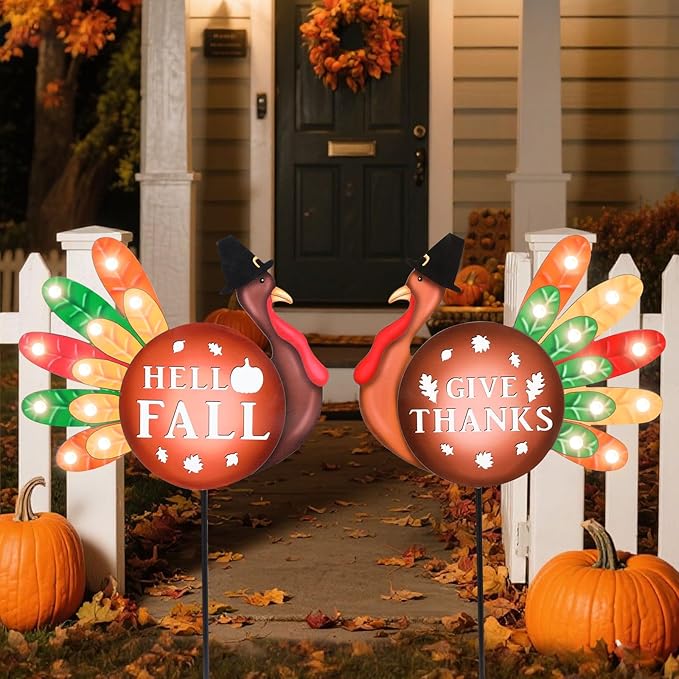 CozyNest Decor 2-piece metal fall yard signs with LED lights, featuring turkey and "Give Thanks" for Thanksgiving garden decor.