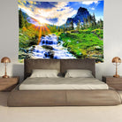 CozyNest Decor mountain waterfall and sunset forest tapestry, tropical rainforest scene, scenic wall hanging for bedroom or living room.