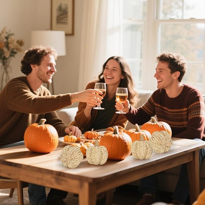 Set of four artificial braided corn husk pumpkins by CozyNest Decor, natural woven fall centerpiece for Thanksgiving or autumn decor.