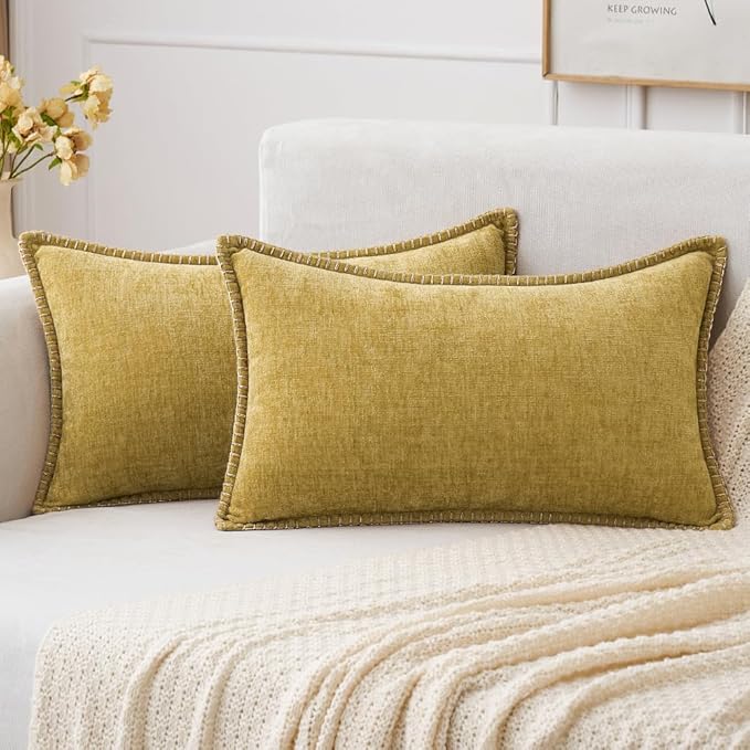 CozyNest Decor MIULEE pack of 2 mustard yellow 12x20 inch farmhouse throw pillow covers with stitched edges and soft chenille fabric.