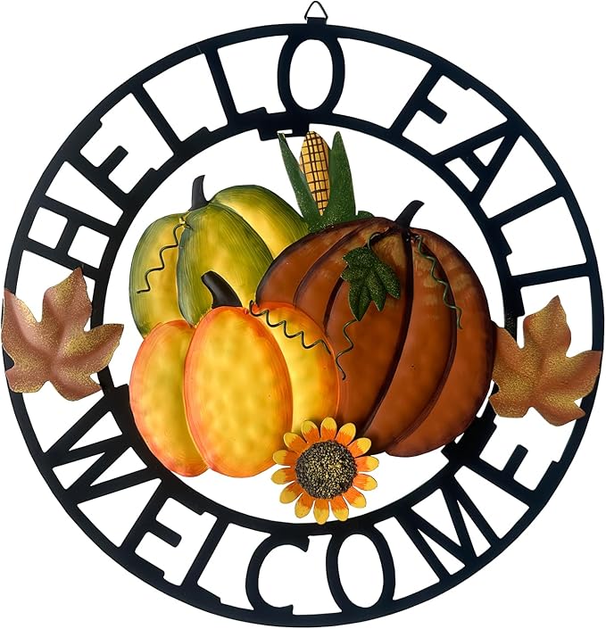 Rustic metal hanging pumpkin wreath with autumn leaves, "Hello Fall" sign, perfect for farmhouse front door fall and Halloween decor.