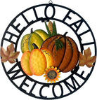 Rustic metal hanging pumpkin wreath with autumn leaves, "Hello Fall" sign, perfect for farmhouse front door fall and Halloween decor.