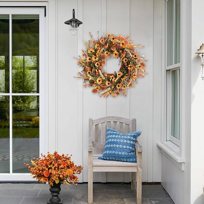 CozyNest Decor Bibelot 22-inch artificial fall wreath with colorful daisies, orange autumn foliage for wall, window, or Thanksgiving decor.