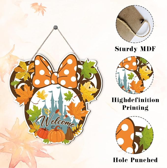 CozyNest Decor fall mouse welcome door sign with wooden maple leaves and mushroom hanging decor for front door or wall.