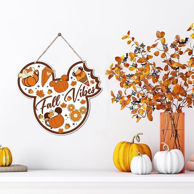 Fall Vibes door hanger by CozyNest Decor featuring a wooden mouse, maple leaves, and mushroom accents for autumn home decor.