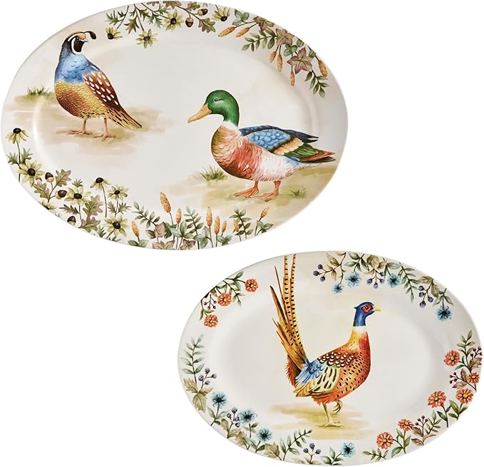 CozyNest Decor Bico Autumn Birds oval platters set of 2, 16 and 14 inches, microwave and dishwasher safe for serving fish, chicken, turkey