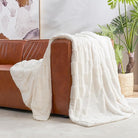 CozyNest Decor white checkered faux rabbit fur throw blanket, soft fuzzy minky for bed or couch, 60x80 inches in ivory color.