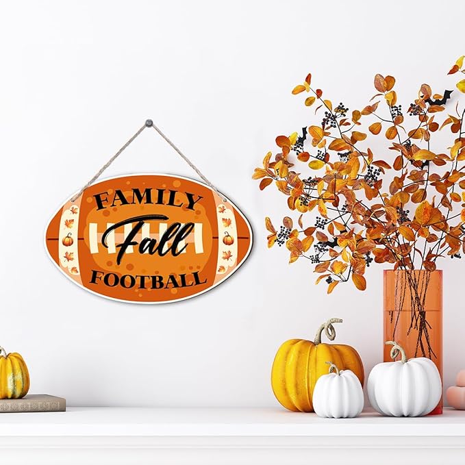 Rustic autumn wooden sign with football design, perfect for Thanksgiving and fall home decor by CozyNest Decor.