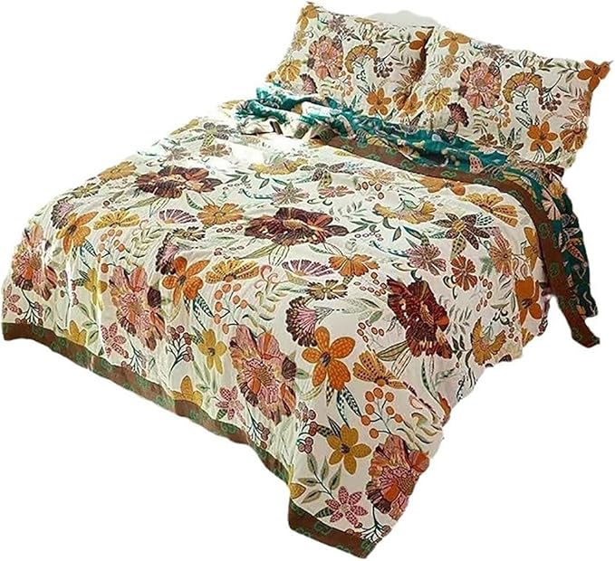 Colorful floral boho muslin bed blanket by CozyNest Decor, 80 x 90 inches, soft 4-layer cotton gauze for summer cooling.