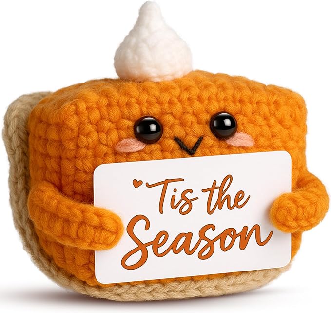 CozyNest Decor mini crochet pumpkin pie plush, fall-themed collectible doll for autumn home and holiday decorations.
