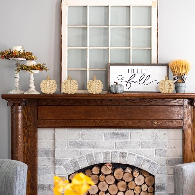 CozyNest Decor 4-pack braided Cornhusk pumpkins, artificial fall decor with woven corn stalks, perfect for Thanksgiving or autumn tablescapes.