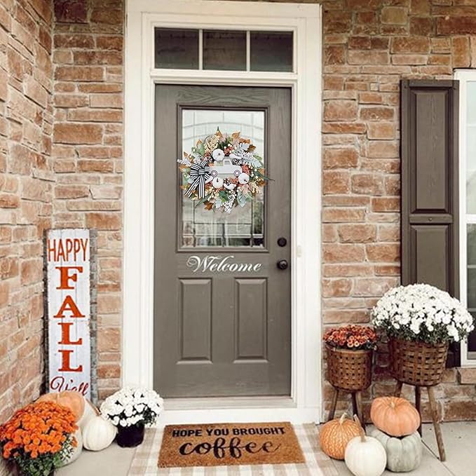 CozyNest Decor 20-inch fall wreath with white pumpkin, truck, and bow for front door or porch decor, indoor or outdoor use.
