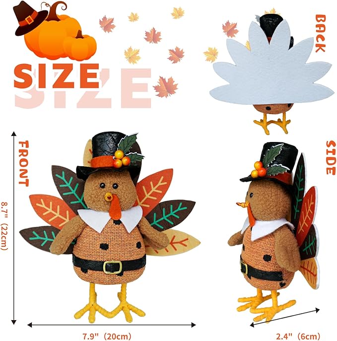 CozyNest Decor plush turkey figurines with dangling legs, perfect for fall harvest and Thanksgiving tabletop autumn decorations.