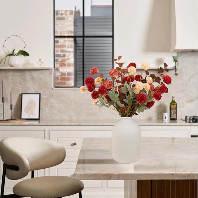 Artificial fall flowers by CozyNest Decor, burnt orange faux Kiku flowers with eucalyptus and silk mums for autumn floral decor.