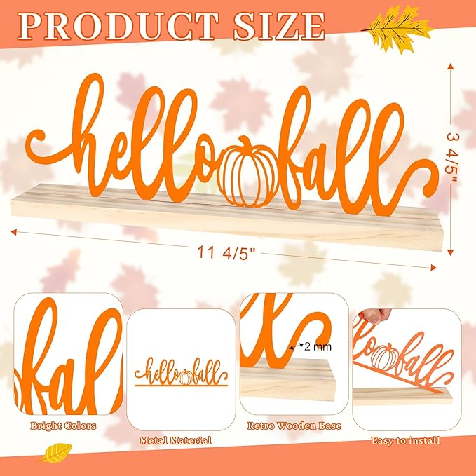COCHIE Metal Hello Fall sign with orange autumn leaves, perfect for home or office decor on shelves or mantels.