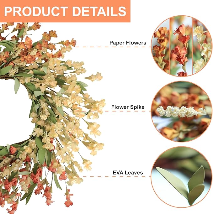 White and orange fall wreath from CozyNest Decor, 24-inch floral door wreath for front door, outdoor and indoor seasonal decor.