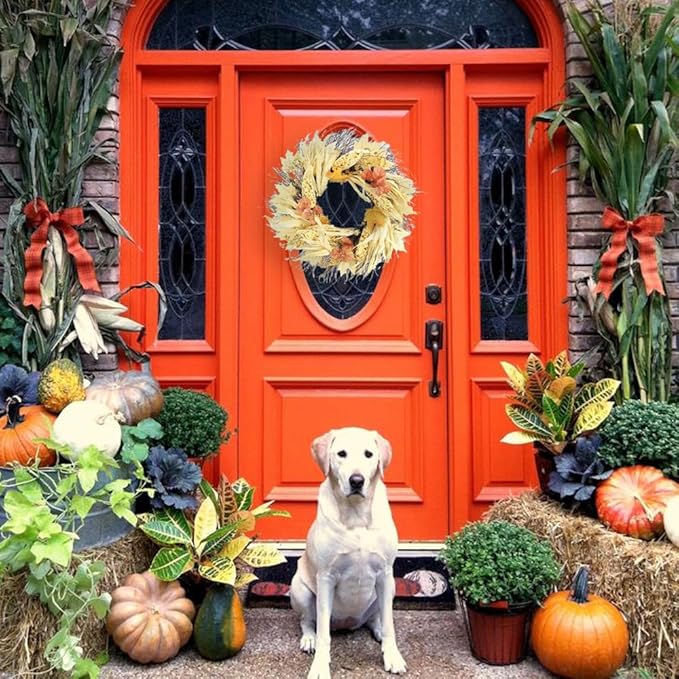 CozyNest Decor Autumn Corn Husk Wreath, 26-inch natural fall-colored artificial wreath for home, office, or event decor.