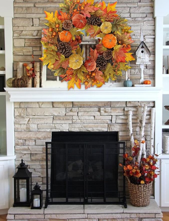 CozyNest Decor 26-inch autumn velvet pumpkin wreath with metal hook, featuring harvest maple leaves for fall home decoration.