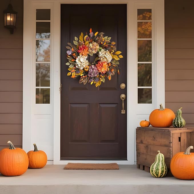 CozyNest Decor 24-inch fall wreath with beige hydrangea, orange dahlias, pumpkins, and autumn accents for front door decor.
