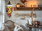 Rustic 24-inch fall scarecrow teardrop swag with sunflowers and pumpkins, ideal for farmhouse front door, porch, or wall decor.