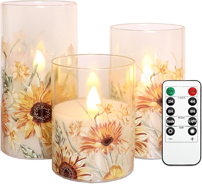 CozyNest Decor Meltone Autumn Sunflower flameless candles with remote, realistic flickering real wax in glass for home and holiday decor