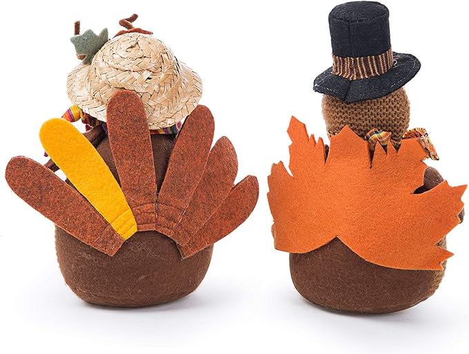 CozyNest Decor Ogrmar 2-pack stuffed turkey couple dolls for Thanksgiving autumn fall tabletop home decor, handmade collectible dolls.