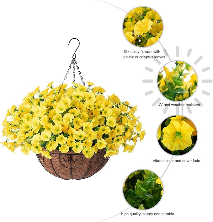 Artificial yellow morning glory and eucalyptus hanging flowers basket for outdoor porch, patio, or balcony decor by CozyNest Decor.
