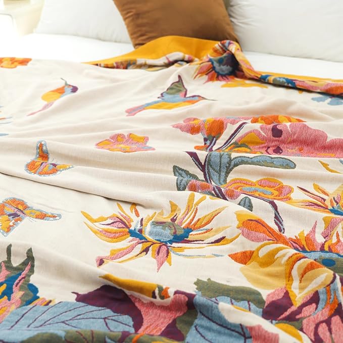 CozyNest Decor boho large throw blanket with fall floral and bird print, soft organic cotton, perfect for sofa or bed, 91x98 inches.