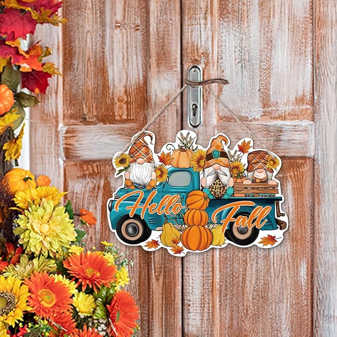 Rustic wood hanging gnome decoration with "Hello Fall" sign, featuring a truck design, outdoor and indoor autumn porch decor by CozyNest Decor