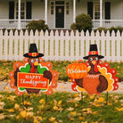 Outdoor metal garden stakes with LED lights, featuring Happy Thanksgiving, pumpkin, and turkey designs for fall harvest decor.