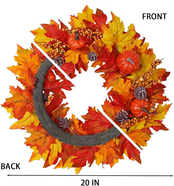 CozyNest Decor 20-inch DiliComing fall wreath featuring pumpkins and maple leaves, perfect for front door autumn decor.
