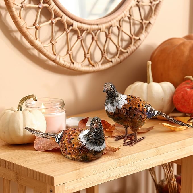 CozyNest Decor feathered pheasant figurines set of 2, woodland animal collectibles with natural pheasant feathers for fall decor or gifts.