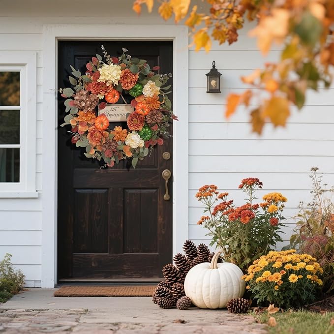 Fall front door wreath with pumpkins, hydrangeas, peonies, and dahlias, featuring rustic autumn decor for indoor or outdoor use.