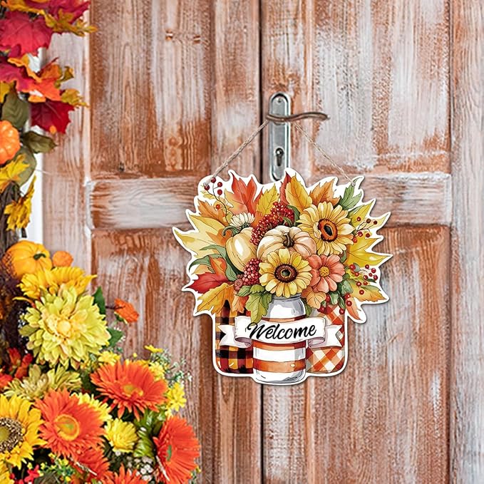 CozyNest Decor Thanksgiving welcome door sign with pumpkin and autumn harvest design, perfect for farmhouse porch and fall decor.