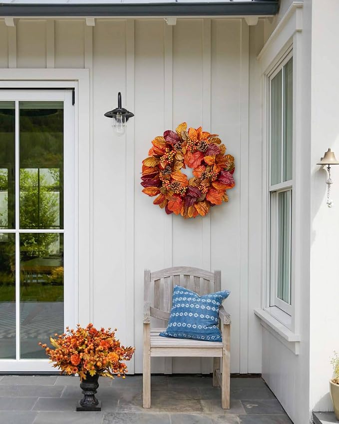 CozyNest Decor fall wreath featuring autumn magnolia leaves, fruit accents, and harvest elements for front door or porch decor.