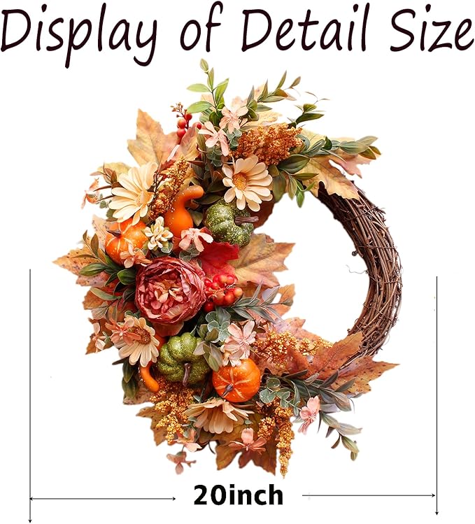CozyNest Decor 20-inch fall wreath with pumpkins, peonies, sunflowers, and berries for front door autumn and Halloween decor.
