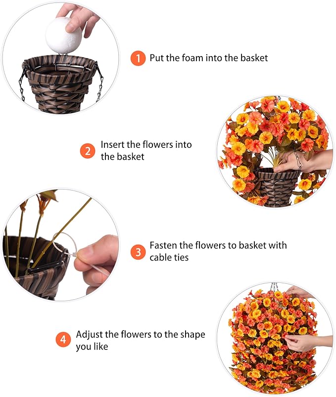 Artificial fall flowers basket with orange and yellow silk morning glory vines, UV resistant for outdoor porch or garden decoration.