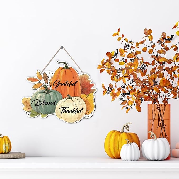 CozyNest Decor fall vibes wooden door hanger with maple leaves and mushroom design, perfect for autumn harvest and Thanksgiving decor.