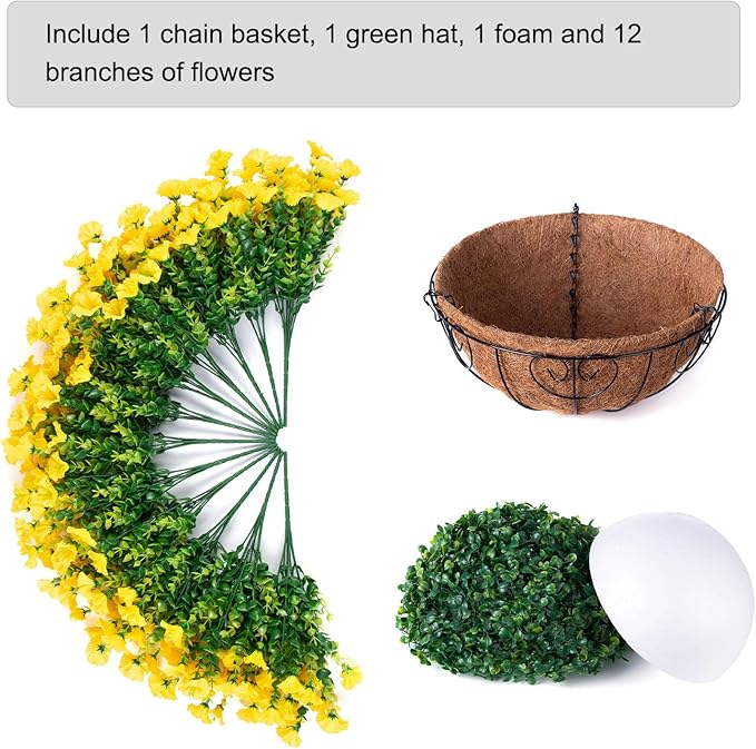 Artificial yellow silk morning glory and eucalyptus hanging flowers basket for outdoor porch or patio decor by CozyNest Decor