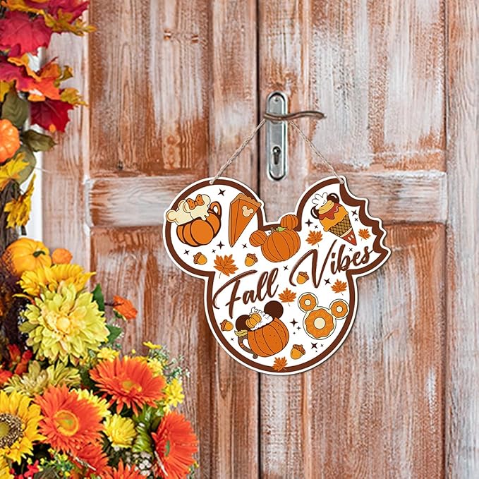 Fall Vibes door hanger with a wooden mouse, maple leaves, and mushroom accents, perfect for autumn harvest and Thanksgiving decor.