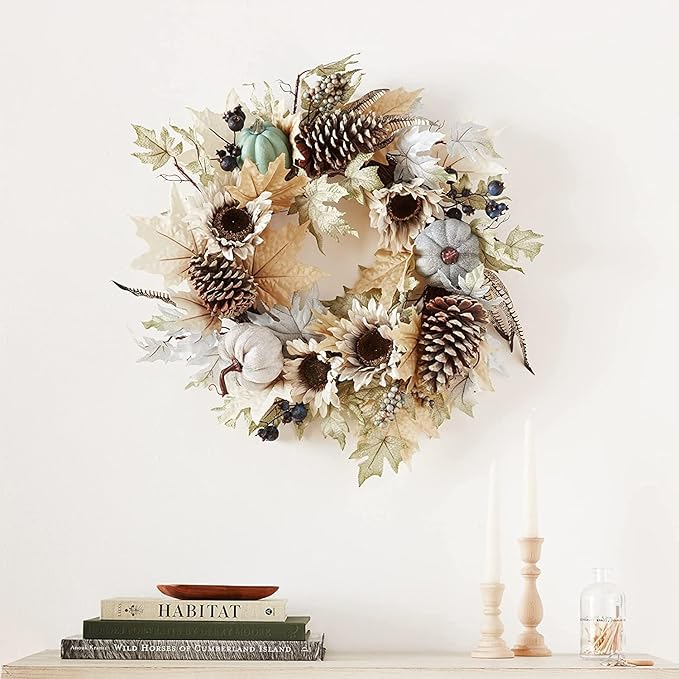 CozyNest Decor 24-inch artificial pumpkin sunflower fall wreath with rustic white accents, ideal for farmhouse decor and front door display